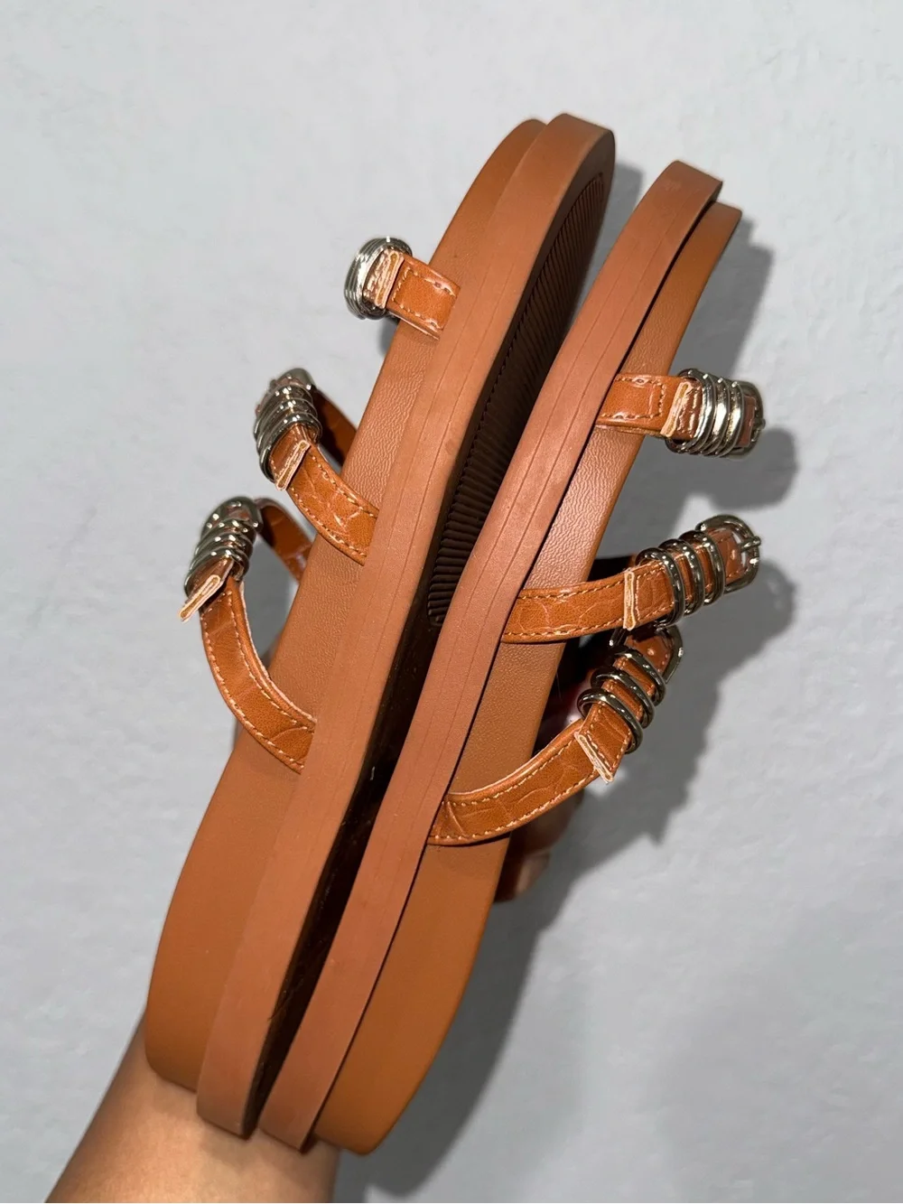 Abound Triple Buckle Slide Sandals in Cognac Brown